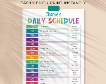 Rainbow Daily Schedule Chart for Kids, editable printable | Daily + Weekly responsibility routine, chore template | INSTANT DOWNLOAD C01