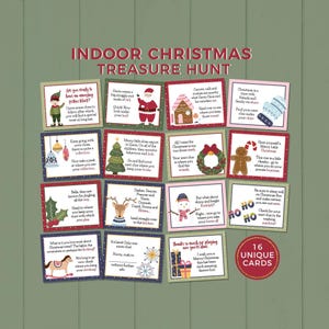 Indoor Christmas Treasure Hunt, kids scavenger hunt clues | Inside Christmas activity party game, family fun holiday printable gift tags C04