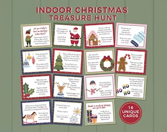 Indoor Christmas Treasure Hunt, kids scavenger hunt clues | Inside Christmas activity party game, family fun holiday printable gift tags C04