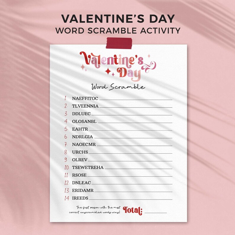 Valentine's Day Printable Game, Word Scramble Groovy retro Galentines party, kids, family fun quiz classroom activity INSTANT DOWNLOAD R02 image 1