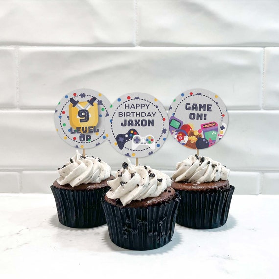 Printable Gamer Cupcake Toppers, editable grey retro arcade video gaming party | Game on Birthday favor cookie tags, INSTANT DOWNLOAD G01 Il_570xn