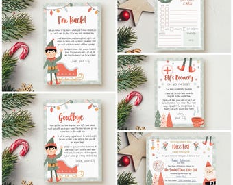 May include: A collection of five printed cards featuring Christmas elf themes, including an Elf Report Card, an Elf's Recovery note, a Nice List certificate, and arrival and departure letters, all decorated with festive red, green, and white graphics.