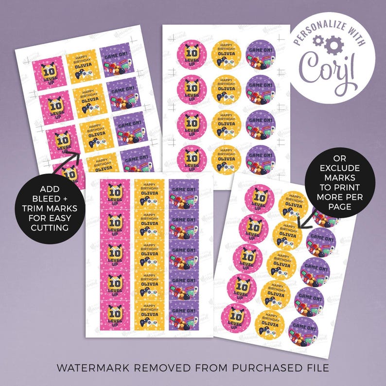 Printable Gamer Cupcake Toppers, editable girls retro arcade video gaming party | Game on Birthday favor cookie tags, INSTANT DOWNLOAD G01 image 2
