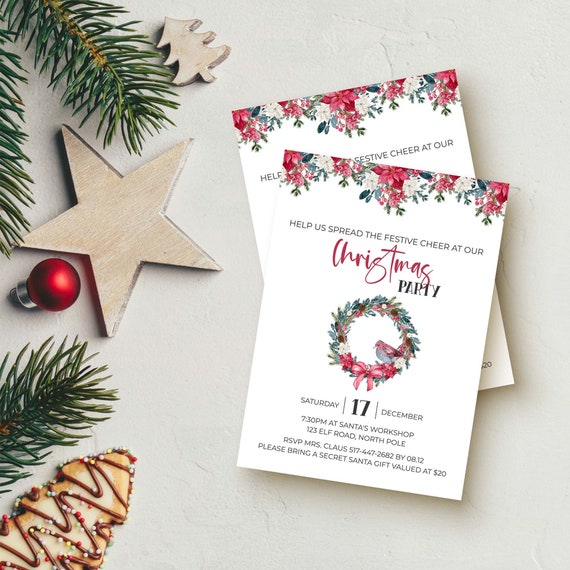 Christmas Party Invitation, Watercolor Wreath + Bird editable printable | Vintage farmhouse style instant download, DIY invite template C02 Il_570xn