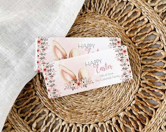Editable Easter Candy Bar Wrapper, printable chocolate wrap | DIY pink boho flower bunny ears favor label | Instant download template E02
