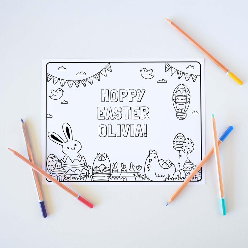 Editable Kids Easter Coloring Sheet, printable placemat page | Happy Easter activity mat template, party table decor, instant download E03 image 1