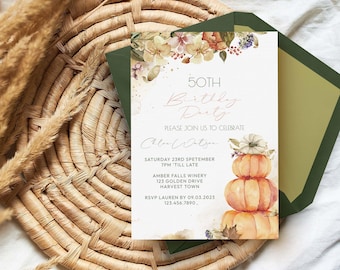 Fall Birthday Invitation, 50th invite for woman or any age | Pumpkin autumn flowers editable printable, DIY template INSTANT DOWNLOAD F02