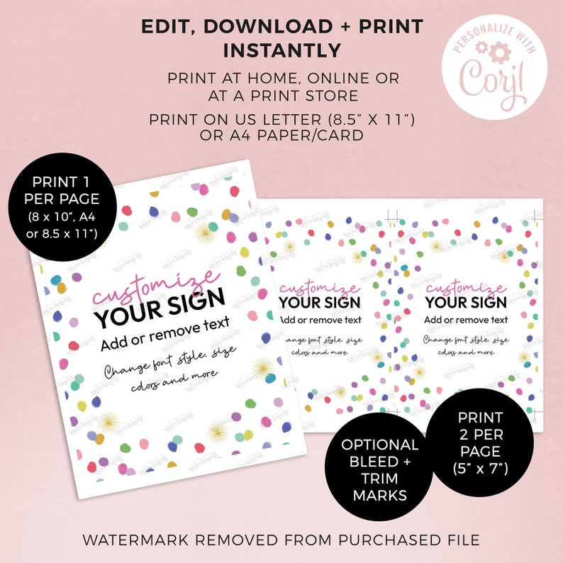 Rainbow Confetti Editable Party Sign Template Printable 8x10 Custom ...