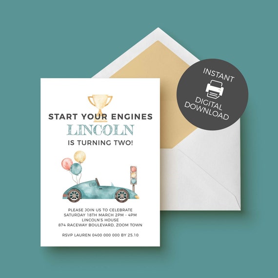 Vintage Race Car Invitation, boys racing Birthday party theme Any age