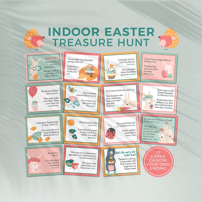 Indoor Easter Treasure Hunt printable scavenger egg hunt cards for kids Easter treasure hunt clues riddle activity INSTANT DOWNLOAD E01 image 1