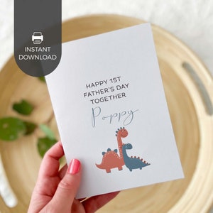 Biglietto d'auguri stampabile per la prima festa del papà con papavero, dinosauro blu / Primogenito maschio, regalo da neonato per il nonno, DOWNLOAD IMMEDIATO D05