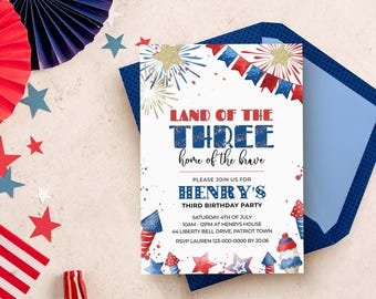 4th of July 3rd Birthday Invitation, Land of the Three editable template | DIY fireworks Independence Day printable INSTANT DOWNLOAD A01