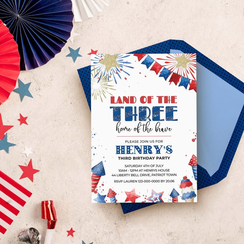 4th of July 3rd Birthday Invitation, Land of the Three editable template | DIY fireworks Independence Day printable INSTANT DOWNLOAD A01 image 1