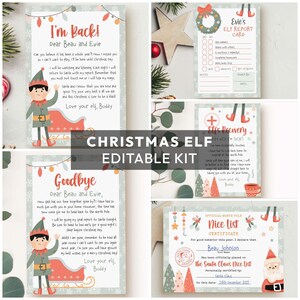 May include: A Christmas elf editable kit featuring multiple printed cards with festive illustrations of elves, Santa, and holiday decor. The cards include text such as I'm Back, Evie's Elf Report Card, Elfs Recovery, Goodbye, and Official North Pole Nice List Certificate.