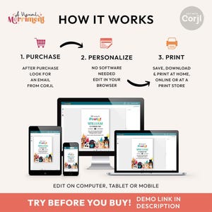 how to create a personalized printable using a computer, tablet, or mobile device including steps from purchase to print
