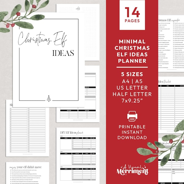 Christmas Elf Printable Ideas Planner | Minimal Black + White Holiday Elf Organizer | Xmas project tracker, DIY planner INSTANT DOWNLOAD B03