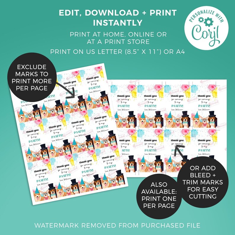 Dog Party Favor Tag, Chihuahua puppy pawty printable gift tag | Editable Birthday thank you card, DIY party template, instant download D02 image 4