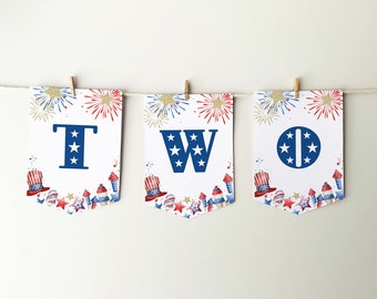 Two 4th of July Banner, printable high chair bunting | 2nd Birthday sign baby photo prop party decor | Independence Day INSTANT DOWNLOAD A01