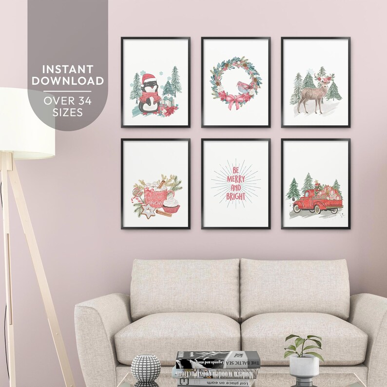 May include: Set of six printable Christmas illustrations featuring a penguin, a wreath, a deer, a mug of hot chocolate, the text "Be Merry and Bright", and a red truck with a Christmas tree.