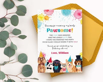 Dog Party Thank You Card | Puppy pawty Birthday, editable printable boys or girls | With thanks note DIY template, instant download D02