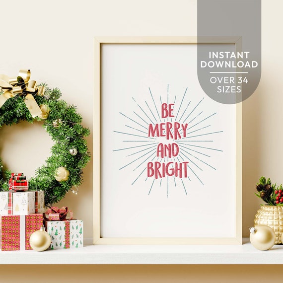 Christmas Farmhouse Printable Holiday Sign Decor Watercolour Merry + Bright Quote Wall Art