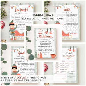May include: A set of printable Christmas elf cards featuring a green elf with a red hat and a red sleigh. The cards include messages from Santa Claus and the elf, as well as a report card for the elf. The cards are designed for children and feature a festive Christmas theme.