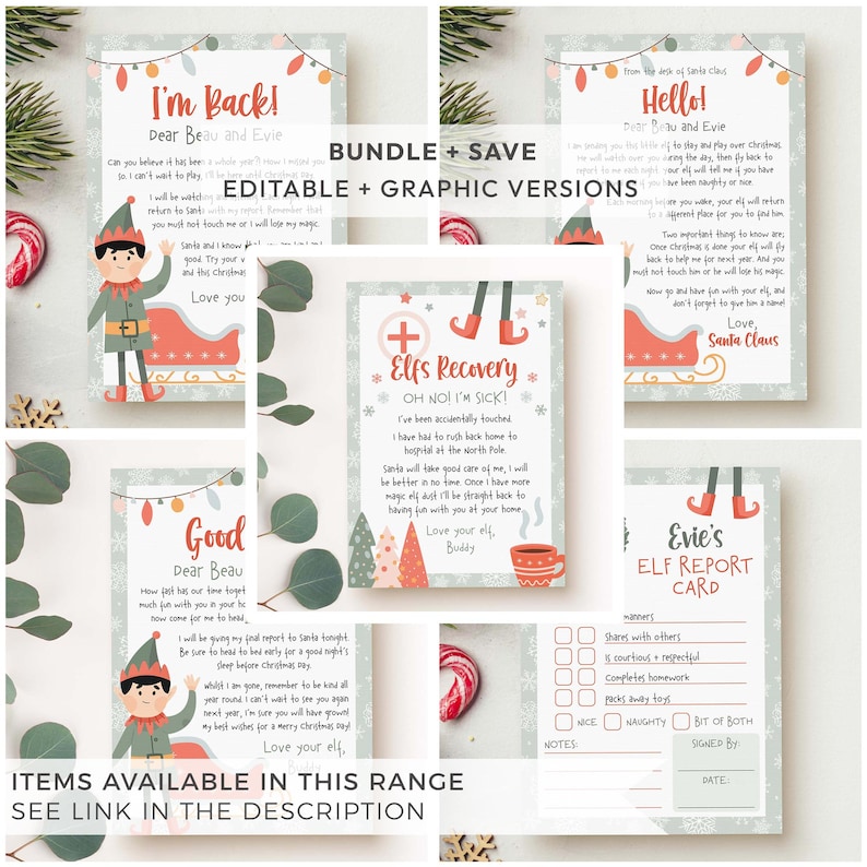 May include: A set of printable Christmas elf cards featuring a green elf with a red hat and a red sleigh. The cards include messages from Santa Claus and the elf, as well as a report card for the elf. The cards are designed for children and feature a festive Christmas theme.