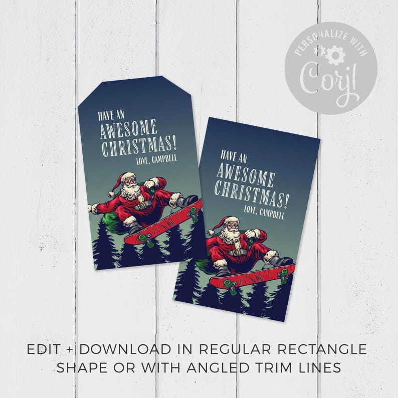 Christmas Gift Tag, Skateboarding Cool Santa editable printable | Teen friend custom thank you tag favor, instant download DIY template C05 image 2