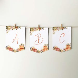 Fall Party Banner, editable template | Pumpkin Autumn flowers, custom printable sign | Gold Thanksgiving flag bunting INSTANT DOWNLOAD F02 image 2