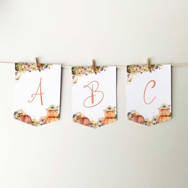 Fall Party Banner, editable template | Pumpkin Autumn flowers, custom printable sign | Gold Thanksgiving flag bunting INSTANT DOWNLOAD F02 image 2