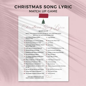 May include: A white Christmas song lyric match up game sheet with a red tape accent at the top. The page features a green Christmas tree icon, black text listing sixteen song lyrics numbered 1-16, and sixteen song titles labeled A-P.