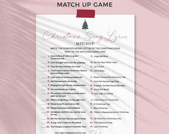 May include: A white Christmas song lyric match up game sheet with a red tape accent at the top. The page features a green Christmas tree icon, black text listing sixteen song lyrics numbered 1-16, and sixteen song titles labeled A-P.