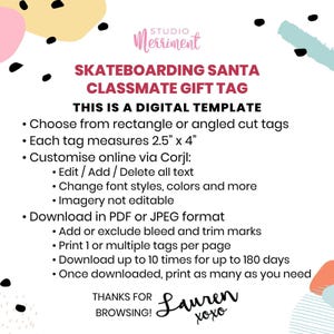 Christmas Gift Tag, Skateboarding Cool Santa editable printable | Friend, classmate or student custom thank you tag favor, DIY template C05 image 4