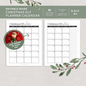 Puede incluir: Un calendario planificador de Elfo Navideño blanco con un borde verde. El calendario tiene un diseño mensual con espacio para imágenes y notas. El texto incluye "Imagen editable Calendario planificador de Elfo Navideño". Formato A4.
