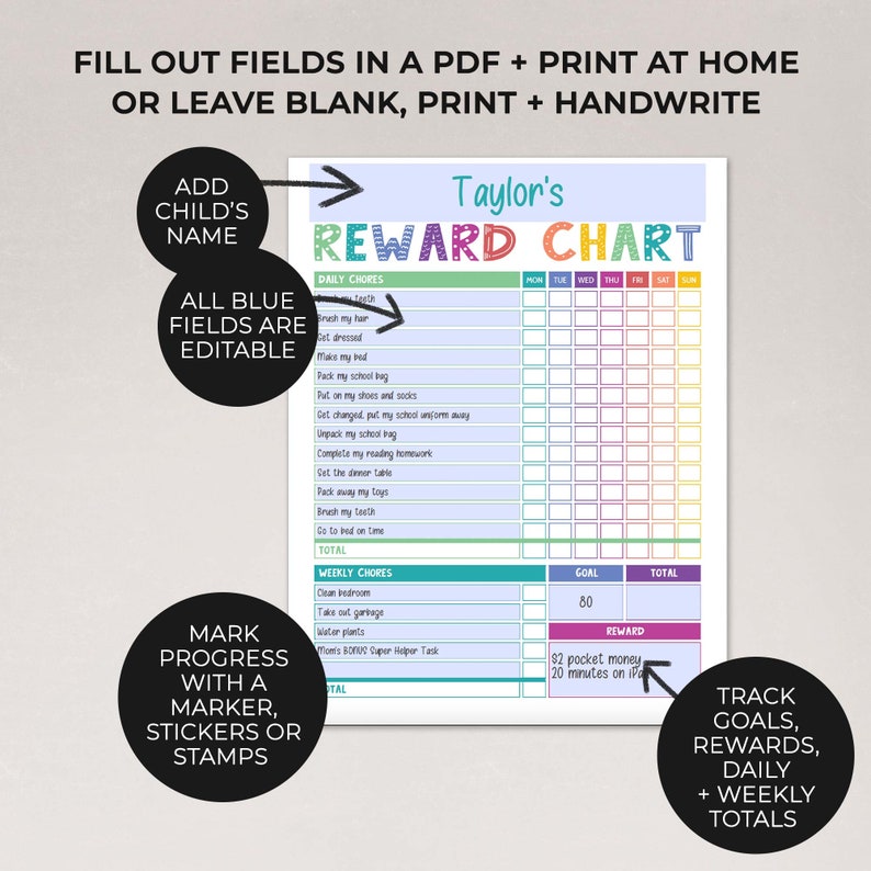 Rainbow Editable Chart Bundle for Kids: Daily Schedule, Reward Chart, Responsibility Checklist Printable Weekly Routine INSTANT DOWNLOAD C01 image 4