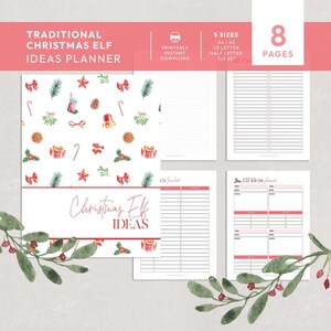 May include: A Christmas Elf Ideas Planner with a festive design. The planner includes 8 pages and is available in 5 sizes, including US Letter and Half Letter. The cover features watercolor illustrations of Christmas elements and the text "Christmas Elf Ideas".