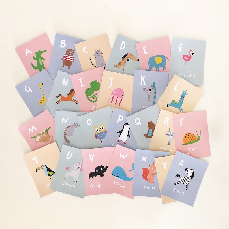 Animal Alphabet Flash Cards, printable ABC cards Kids flashcards home school, kindergarten, classroom Learning activity instant download image 1
