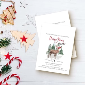 Christmas Party Invitation, Watercolor Forest Deer editable printable | Vintage farmhouse style instant download, DIY invite template C02 image 1