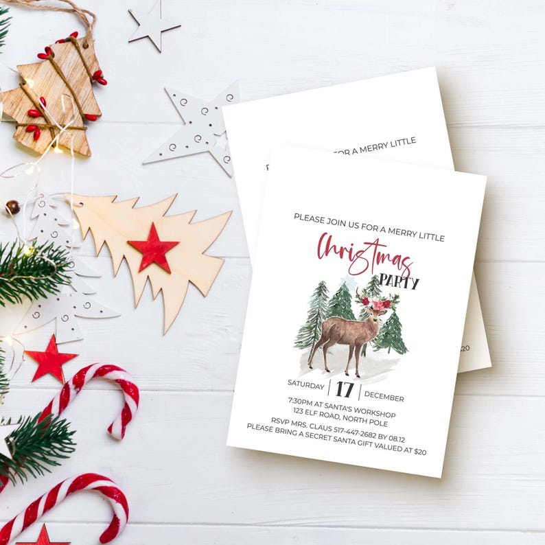 Christmas Party Invitation, Watercolor Forest Deer editable printable | Vintage farmhouse style instant download, DIY invite template C02 image 1