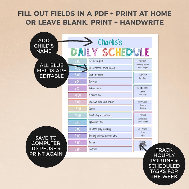 Rainbow Editable Chart Bundle for Kids: Daily Schedule, Reward Chart, Responsibility Checklist Printable Weekly Routine INSTANT DOWNLOAD C01 image 2