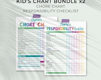 Rainbow Editable Chart Bundle for Kids, Chore Chart + Responsibility Checklist | Printable Daily + Weekly routine INSTANT DOWNLOAD C01