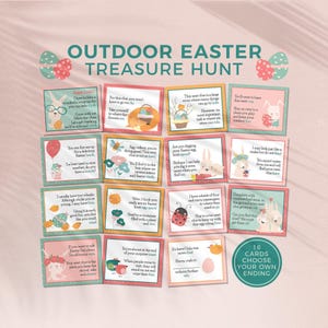 May include: An outdoor Easter treasure hunt set featuring 16 rectangular cards with pastel borders, bunny illustrations, and rhyming clues. The text reads OUTDOOR EASTER TREASURE HUNT and 16 CARDS CHOOSE YOUR OWN ENDING, with various colorful graphics.