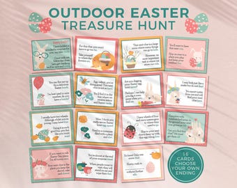 May include: An outdoor Easter treasure hunt set featuring 16 rectangular cards with pastel borders, bunny illustrations, and rhyming clues. The text reads OUTDOOR EASTER TREASURE HUNT and 16 CARDS CHOOSE YOUR OWN ENDING, with various colorful graphics.