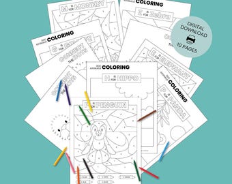 Paquete de dibujos para colorear de animales del zoológico para niños / Hojas para colorear, colorear por números, unir los puntos / Descarga digital para niños / Aprendizaje de animales de safari Z01