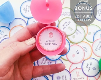 60 Printable Easter Egg Tokens, editable | spring reward coin basket fillers | Easter egg hunt prize stuffers for kids, INSTANT DOWNLOAD B01