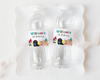 Puppy Pawty Water Bottle Label, editable printable | Dog Birthday party custom drink wrapper favor | DIY template decor INSTANT DOWNLOAD D02