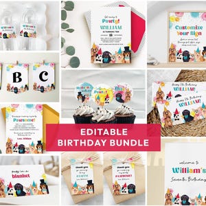Dog Party, Puppy Pawty Birthday Editable Bundle | Printable boys or girls colorful paint theme, DIY template kit, instant download D02 image 1