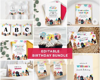 May include: A digital birthday party bundle featuring illustrations of various dog breeds wearing colorful party hats. The collection includes invitations, cupcake toppers, banners, gift tags, and signage with text such as William is Turning Ten.