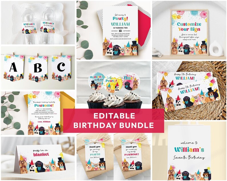 Dog Party, Puppy Pawty Birthday Editable Bundle | Printable boys or girls colorful paint theme, DIY template kit, instant download D02 image 1