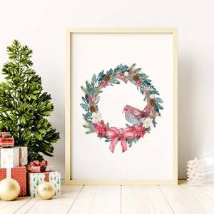 May include: A watercolor painting of a Christmas wreath with a red bird and a pink bow. The wreath is decorated with green leaves, red berries, and white flowers.